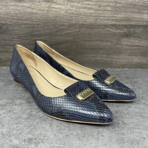 Zac Posen Navy Snake-Embossed Pointed-Toe Flats with Gold Accent